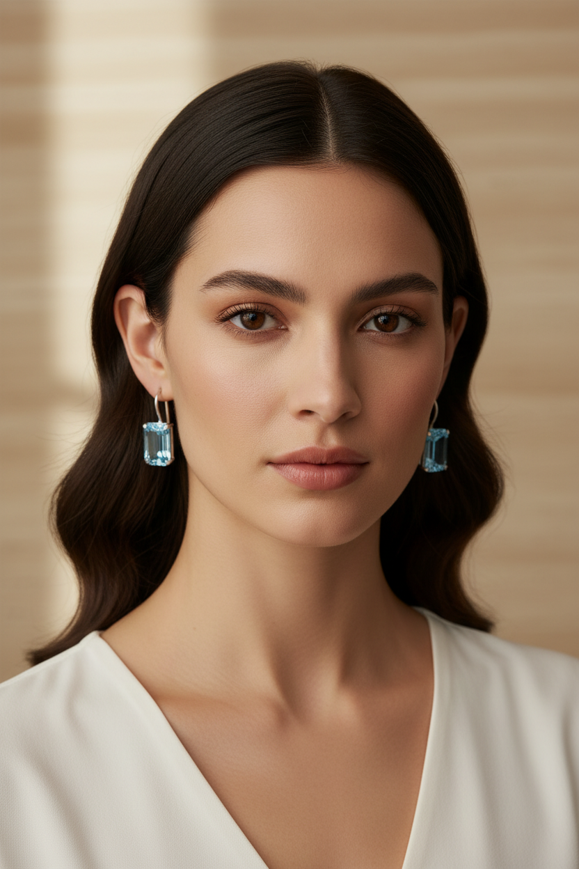 Woman wearing blue topaz earrings